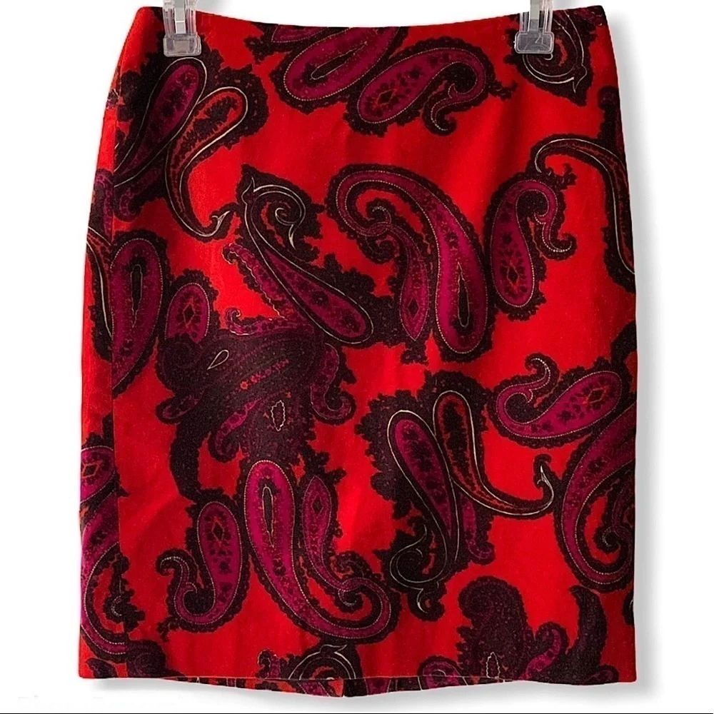 TALBOTS Petites Red Velvet Paisley Print Pencil Skirt Size 2P